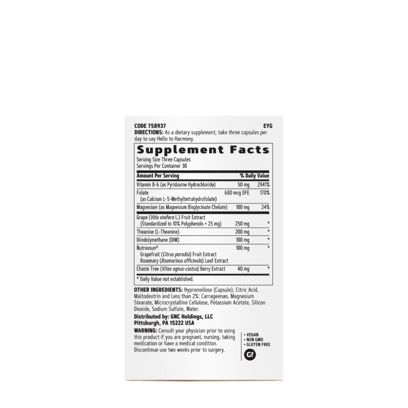Gnc Women`s Hello Harmony Pms, Formula Pentru Echilibrul Hormonal, Emotional Si Elasticitatea Pielii Femeilor, 90 Cps