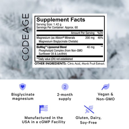 Codeage Liposomal Magnesium Glycinate, Magneziu Bisglicinat Lipozomal - Formula Avansata Pentru Absorbtie Superioara, 85.20 G