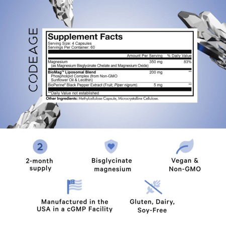Codeage Magneziu Bisglicinat Lipozomal Cu Bioperine - Formula Avansata Pentru Absorbtie Superioara, 240 Cps