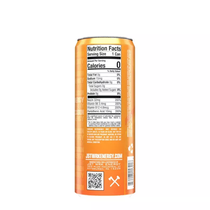 Jst Wrk Energy Drink, Bautura Energizanta Carbogazoasa Cu Aroma De Portocale, 355 Ml
