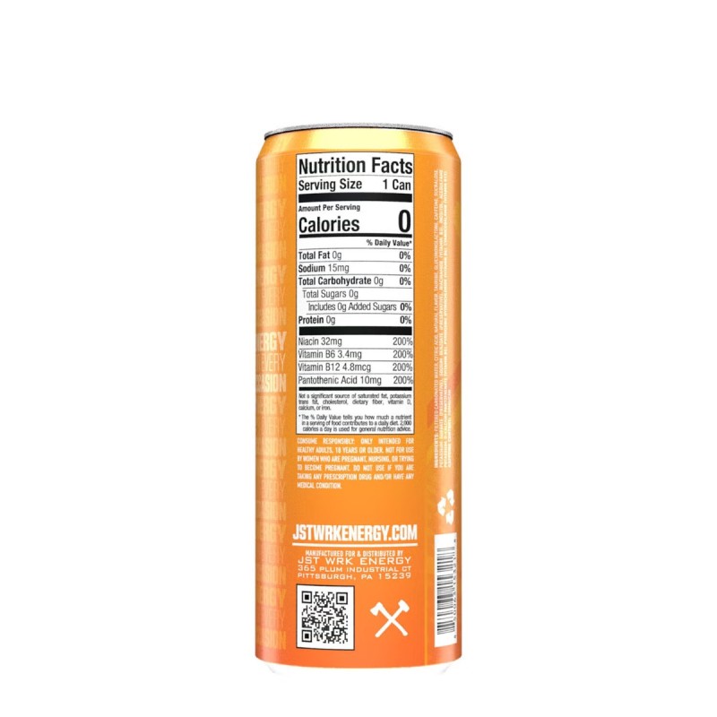 Jst Wrk Energy Drink, Bautura Energizanta Carbogazoasa Cu Aroma De Portocale, 355 Ml