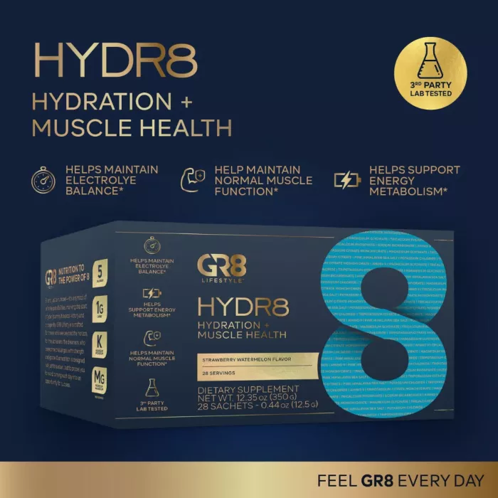 Gr8 Lifestyle Hydr8 Hydration And Muscle Health With Strawberry Watermelon Flavor, Hidratare Avansata Si Suport Muscular, Cu Aroma De Capsuni Si Pepene, 350 G