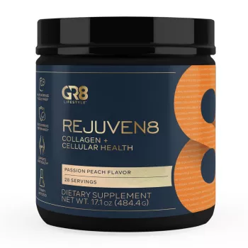 Gr8 Lifestyle Rejuven8 Collagen And Cellular Health With Passion Peach Flavor, Formula Pentru Sanatatea Pielii, Articulatiilor Si Regenerare Celulara, Cu Aroma De Passion Peach, 484.4 G