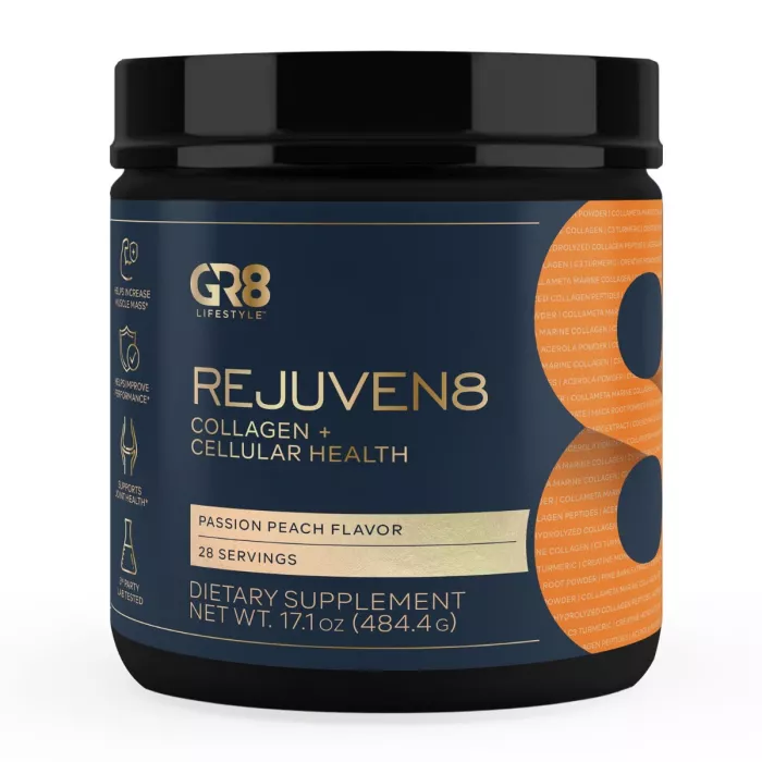 Gr8 Lifestyle Rejuven8 Collagen And Cellular Health With Passion Peach Flavor, Formula Pentru Sanatatea Pielii, Articulatiilor Si Regenerare Celulara, Cu Aroma De Passion Peach, 484.4 G