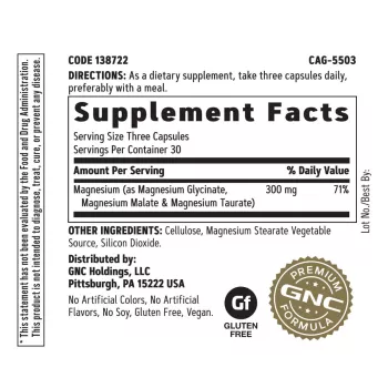 Gnc Super Magneziu 300 Mg, Formula Avansata Cu Glicinat, Malat Si Taurat Pentru Absorbtie Superioara, 90 Cps