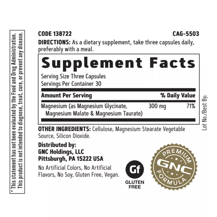 Gnc Super Magneziu 300 Mg, Formula Avansata Cu Glicinat, Malat Si Taurat Pentru Absorbtie Superioara, 90 Cps