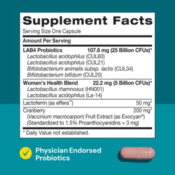 Gnc Gut Health Women’s Probiotic, Probiotic Lab4 Studiat Clinic, 30 Miliarde Ufc Culturi Vii Cu Merisor Si Lactoferrin, 30 Cps