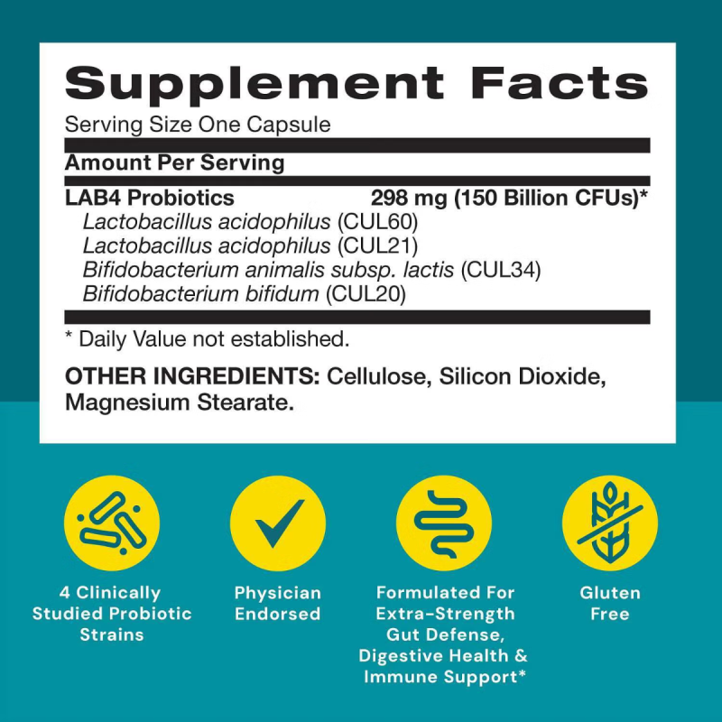 Gnc Gut Health 150 Billion Probiotic, Probiotic Lab4, Formula Studiata Clinic, 150 Miliarde Ufc Culturi Vii, Pentru Digestie Si Microbiom, 20 Cps