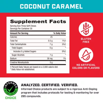 Gnc Pro Performance Creatine Monohydrate Soft Chews, Creatina Monohidrata Cu Aroma De Cocos Si Caramel, 90 Caramele
