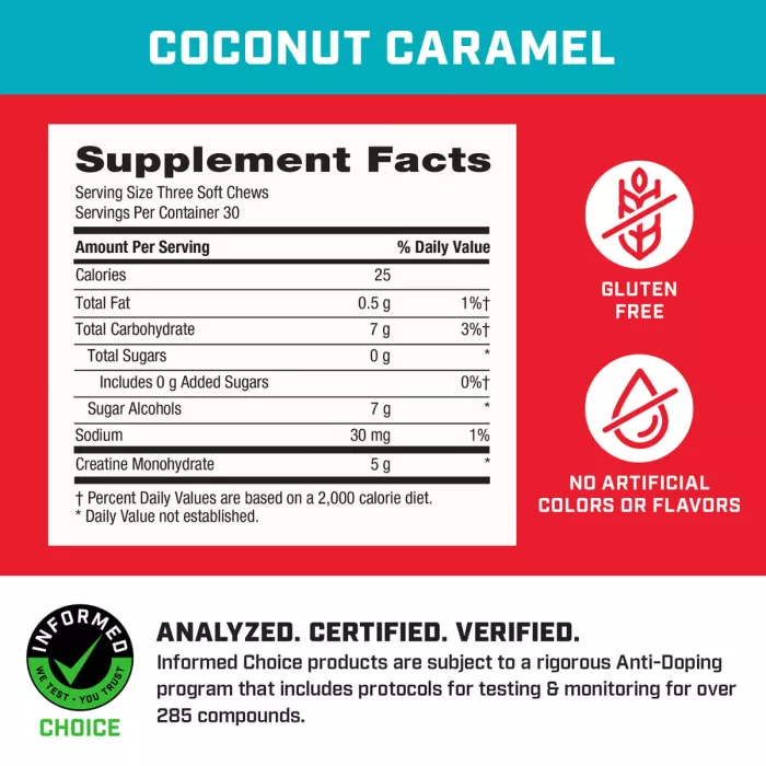 Gnc Pro Performance Creatine Monohydrate Soft Chews, Creatina Monohidrata Cu Aroma De Cocos Si Caramel, 90 Caramele