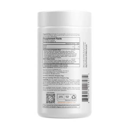 Codeage Hydrolyzed Multi Collagen Peptides Raw Greens With 21 Fruits & Veggies, Peptide De Colagen Hidrolizat Si 21 Superalimente Organice, 180 Cps