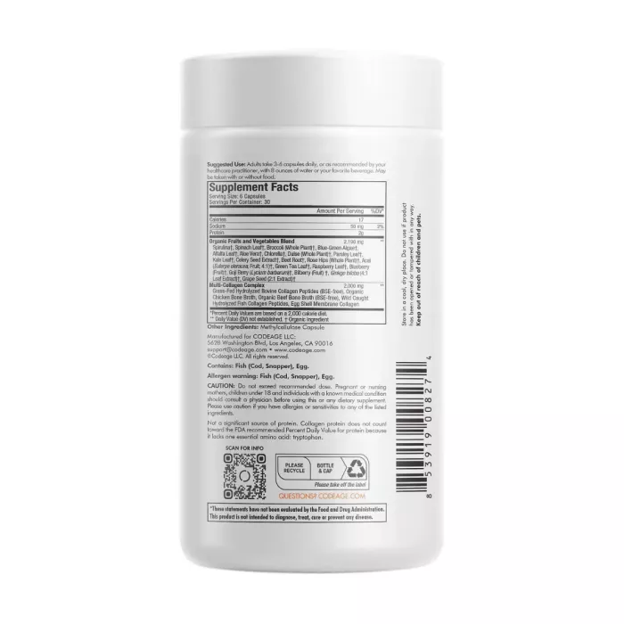 Codeage Hydrolyzed Multi Collagen Peptides Raw Greens With 21 Fruits & Veggies, Peptide De Colagen Hidrolizat Si 21 Superalimente Organice, 180 Cps