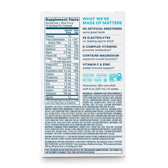 Dripdrop Zero Sugar Plus+ Electrolyte Drink Mix, Variety Pack Flavors, Hidratare Avansata Fara Zahar, Cu Electroliti Si 15 Vitamine, 10 X 5.6 G