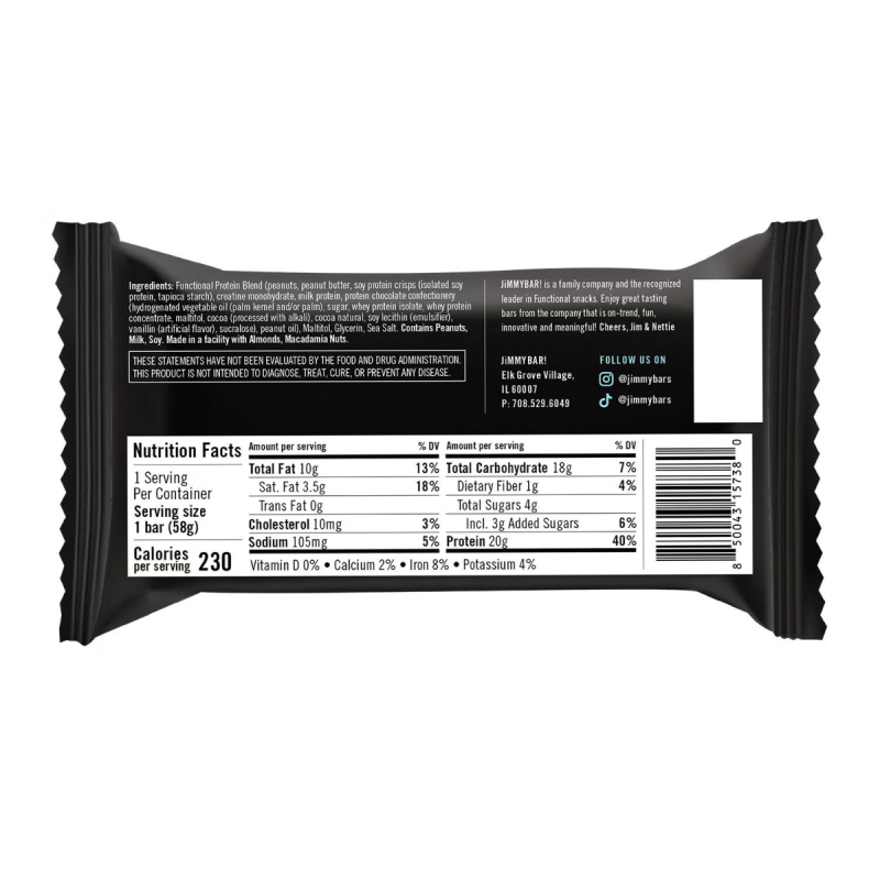 Jimmybar! Baton Proteic Cu Creatina, Aroma De Ciocolata Si Unt De Arahide, 58 G