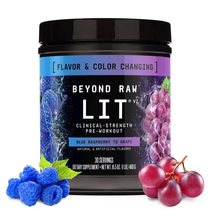 Beyond Raw Lit V2 Pre-workout With Blue Raspberry To Grape Flavor, Pre-workout Cu Aroma De Zmeura Albastra Si Strugure, 468 G