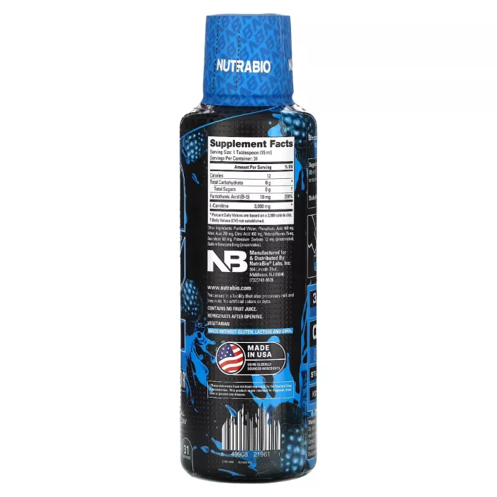 Nutrabio L-carnitine 3000 Blue Razz Flavor, L-carnitina Lichida, Cu Aroma De Punch De Blue Razz, 473 Ml