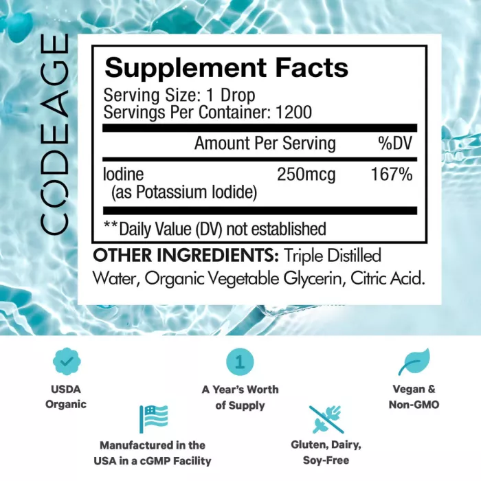 Codeage Liquid Iodine+ Unflavored, Iod Lichid Fara Aroma Pentru Suport Tiroidian Si Functionare Optima A Organismului,59.2 Ml