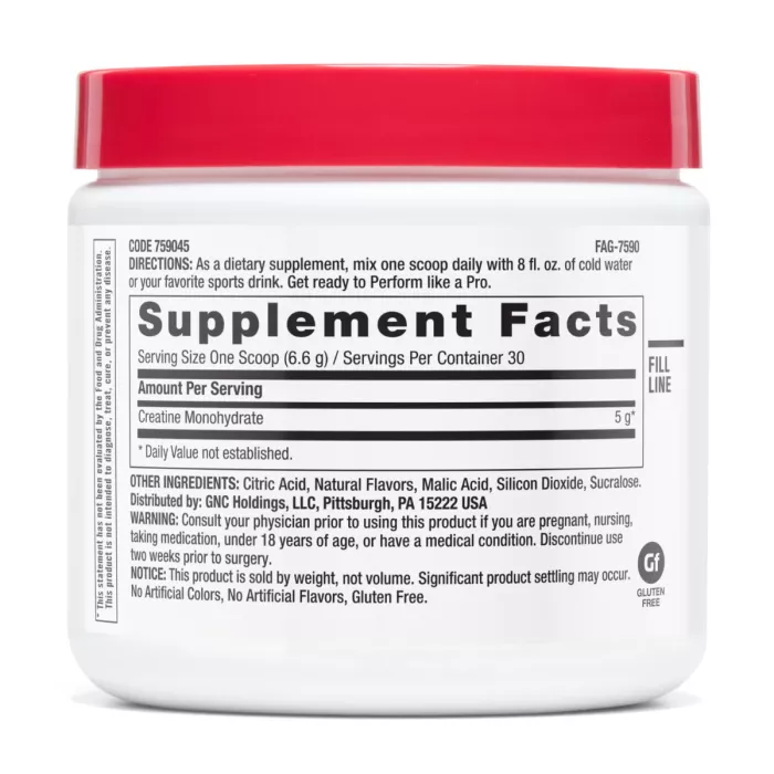 Gnc Pro Performance Creatine Monohydrate, Creatina Monohidrata Cu Aroma De Zmeura Albastra Pentru Sustinerea Musculaturii Si A Functiei Cognitive, 198 G