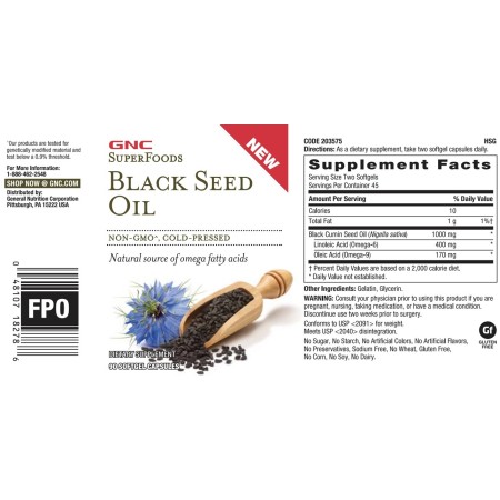 Gnc Superfoods Black Seed Oil, Ulei Cu Thymoquinone Din Seminte De Chimen Negru, Cu Efect Antiinflamator, 90 Capsule