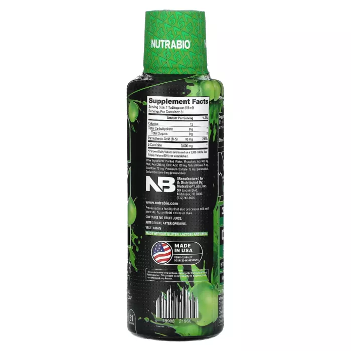Nutrabio L-carnitine 3000 Green Apple Flavor, L-carnitina Lichida, Cu Aroma De Punch De Mar Verde, 473 Ml