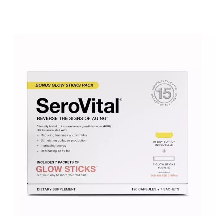Serovital - Reverse The Signs Of Aging, Formula Pentru Remedierea Semnelor De Imbatranire Cu Lizina, 120 Capsule + 7 Plicuri Glow Sticks Serovital - Reverse The Signs Of Aging, Formula Pentru Remedierea Semnelor De Imbatranire Cu Lizina, 120 Capsule + 7 Plicuri Glow Sticks