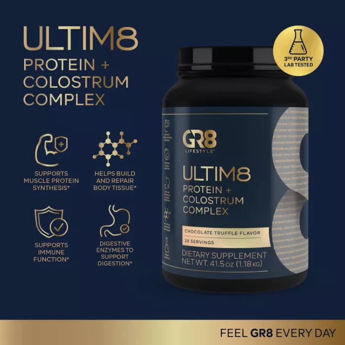 Gr8 Lifestyle Ultim8 Protein And Colostrum Complex With Chocolate Truffle Flavor, Proteina Si Complex Cu Colostru, Cu Aroma De Trufe De Ciocolata, 1.18 Kg