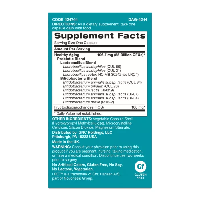 Gnc Gut Health Healthy Aging Probiotic For Adult Over 50, Probiotic Studiat Clinic, 55 Miliarde Ufc Culturi Vii, Pentru Digestie, Microbiom Si Longevitate, Destinat Adultilor Peste 50 De Ani, 30 Cps