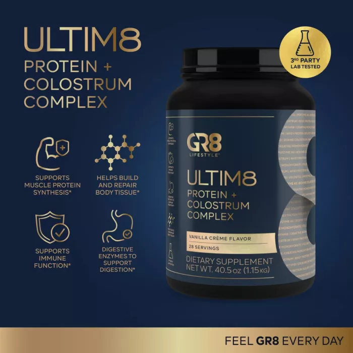 Gr8 Lifestyle Ultim8 Protein And Colostrum Complex With Vanilla Creme Flavor, Proteina Si Complex Cu Colostru, Cu Aroma De Crema De Vanilie, 1.15 Kg