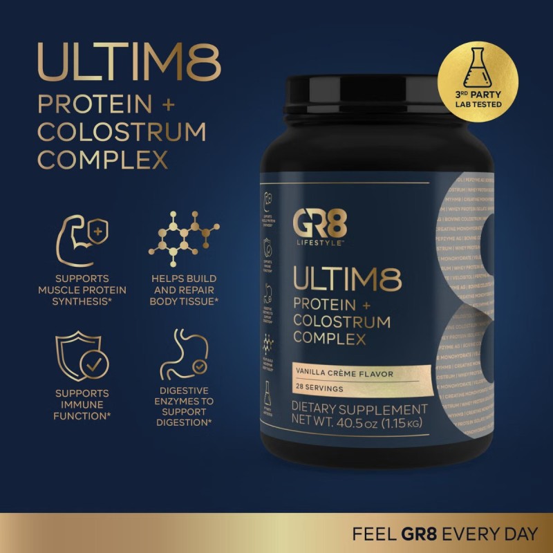 Gr8 Lifestyle Ultim8 Protein And Colostrum Complex With Vanilla Creme Flavor, Proteina Si Complex Cu Colostru, Cu Aroma De Crema De Vanilie, 1.15 Kg