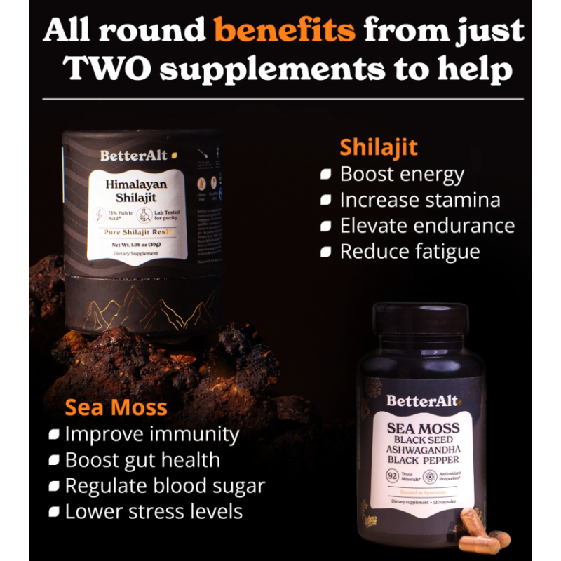Better Alt Shilajit Sea Moss, Formula De Shilajit Cu Alge Marine, Ashwagandha Si Tongkat Ali, 120 Cps