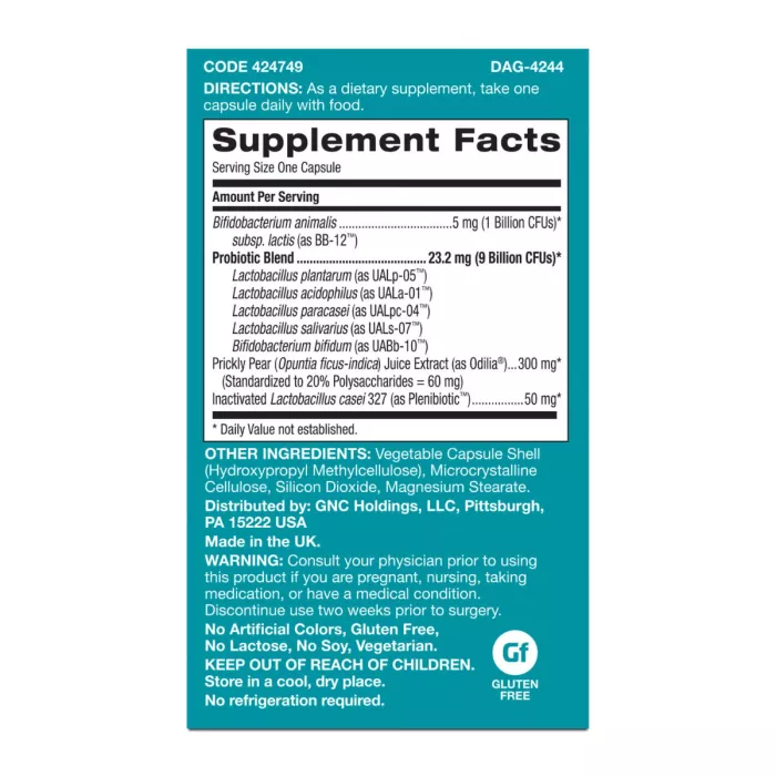 Gnc Gut Health Daily Synbiotic, Formula Studiata Clinic, 10 Miliarde Ufc Culturi Vii, Pentru Digestie Si Microbiom Cu Probiotice Si Prebiotice, 30 Cps