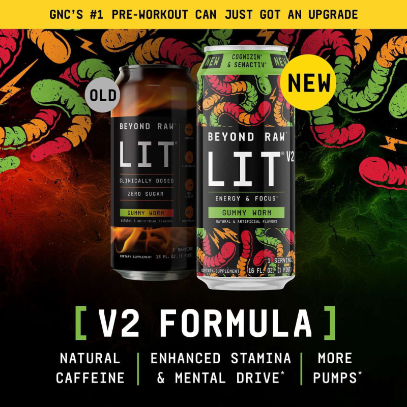 Gnc Beyond Raw  Lit V2 On-the-go Pre-workout Gummy Worm, Bautura Pre-workout Rtd, 473 Ml