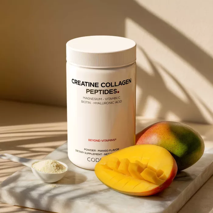 Codeage Creatine Collagen Peptides – Formula Avansata Cu Colagen Marin, Creatina Si Nutrienti Esentiali, Aroma De Mango, 426 G