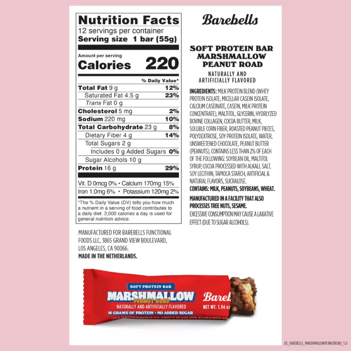 Barebells Soft Protein Bar Marshmallow Peanut Road , Baton Proteic Cu Aroma De Bezele Si Arahide, 55 G