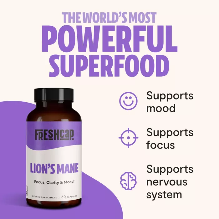 Freshcap Lion's Mane Mushroom, Ciuperca Coama Leului Pentru Claritate Mentala, Focus Si Sustinere Cognitiva, 1000 Mg, 60 Cps Freshcap Lion's Mane Mushroom, Ciuperca Coama Leului Pentru Claritate Mentala, Focus Si Sustinere Cognitiva, 1000 Mg, 60 Cps