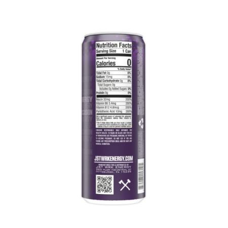 Jst Wrk Energy Drink, Bautura Energizanta Carbogazoasa Cu Aroma De Struguri, 355 Ml