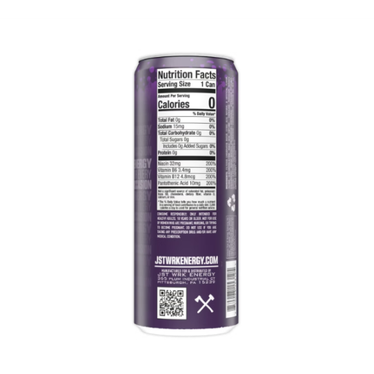 Jst Wrk Energy Drink, Bautura Energizanta Carbogazoasa Cu Aroma De Struguri, 355 Ml