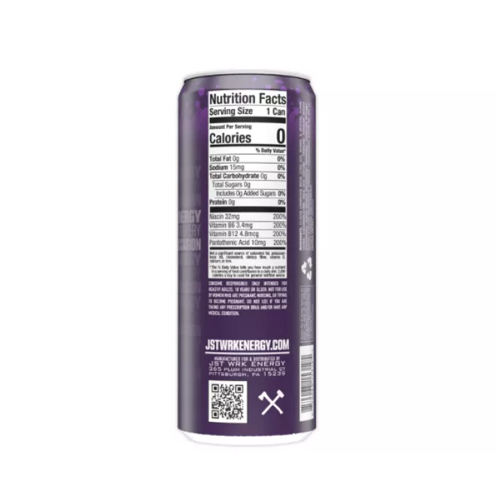Jst Wrk Energy Drink, Bautura Energizanta Carbogazoasa Cu Aroma De Struguri, 355 Ml