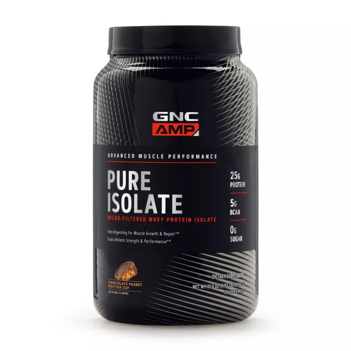 Gnc Amp Pure Isolate, Proteina Izolata Din Zer, Cu Aroma De Ciocolata Si Unt De Arahide, 896 G Gnc Amp Pure Isolate, Proteina Izolata Din Zer, Cu Aroma De Ciocolata Si Unt De Arahide, 896 G