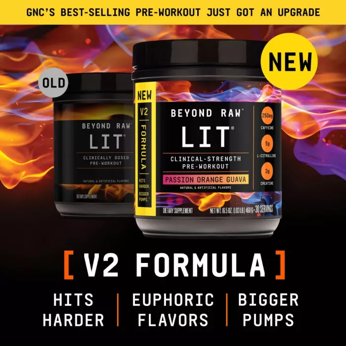 Gnc Beyond Raw Lit V2 Pre-workout With Passion Orange Guava Flavor, Pre-workout Cu Aroma De Passion Orange Guava, 468 G
