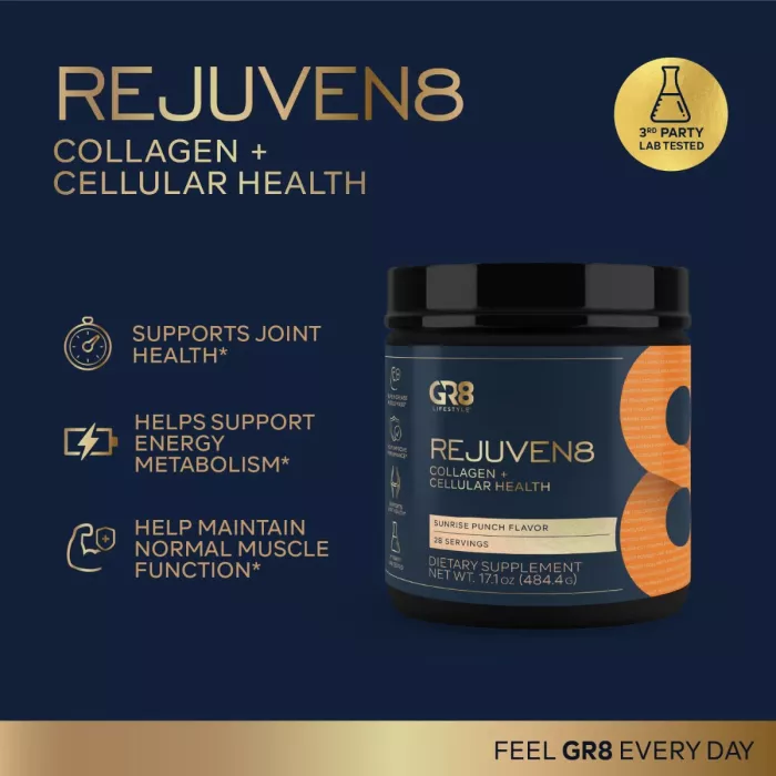 Gr8 Lifestyle Rejuven8 Collagen And Cellular Health With Sunrise Punch Flavor, Formula Pentru Sanatatea Pielii, Articulatiilor Si Regenerare Celulara, Cu Aroma De Sunrise Punch, 484.4 G