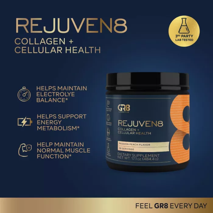 Gr8 Lifestyle Rejuven8 Collagen And Cellular Health With Passion Peach Flavor, Formula Pentru Sanatatea Pielii, Articulatiilor Si Regenerare Celulara, Cu Aroma De Passion Peach, 484.4 G