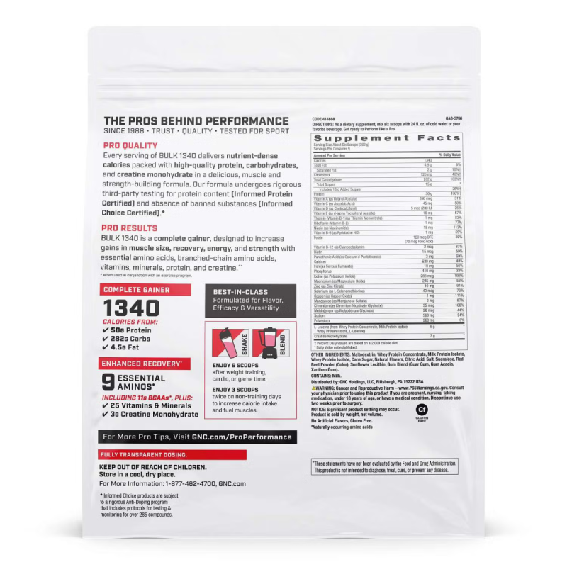 Gnc Pro Performance Bulk 1340, Formula Proteica Pentru Crestere In Greutate, Cu Aroma De Capsuni, Testata Antidoping, 3258 G