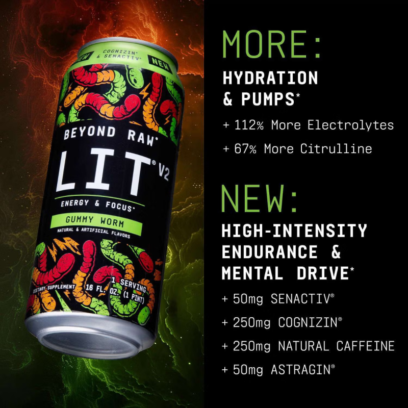 Gnc Beyond Raw  Lit V2 On-the-go Pre-workout Gummy Worm, Bautura Pre-workout Rtd, 473 Ml