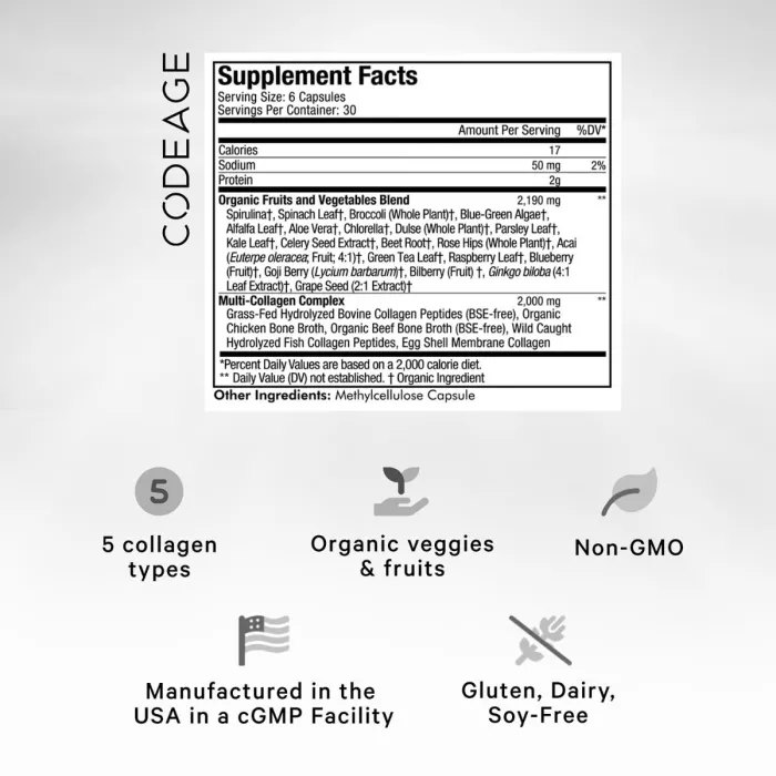 Codeage Hydrolyzed Multi Collagen Peptides Raw Greens With 21 Fruits & Veggies, Peptide De Colagen Hidrolizat Si 21 Superalimente Organice, 180 Cps