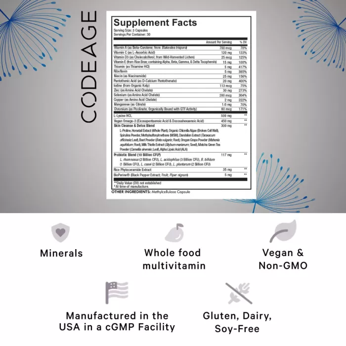 Codeage Clearface Vitamins, Daily Multivitamin, Minerals Herbs, Complex De Multivitamine Si Plante Pentru Piele Si Sanatate Generala Pentru Adolescenti, 90 Cps