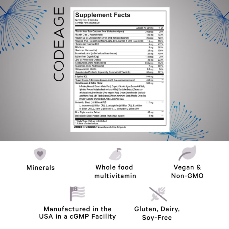 Codeage Clearface Vitamins, Daily Multivitamin, Minerals Herbs, Complex De Multivitamine Si Plante Pentru Piele Si Sanatate Generala Pentru Adolescenti, 90 Cps