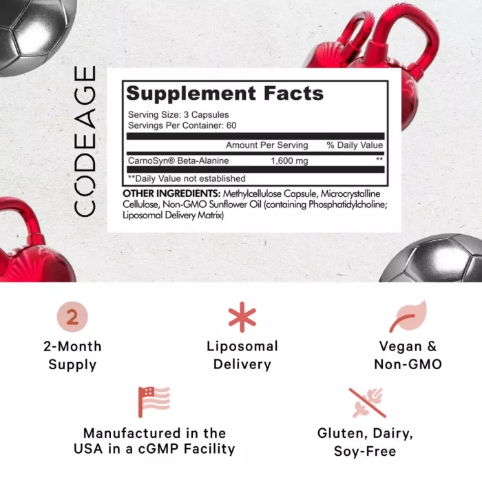 Codeage Liposomal Beta-alanine+ Carnosyn, Beta-alanina Lipozomala+ Cu Carnosyn, 180 Cps