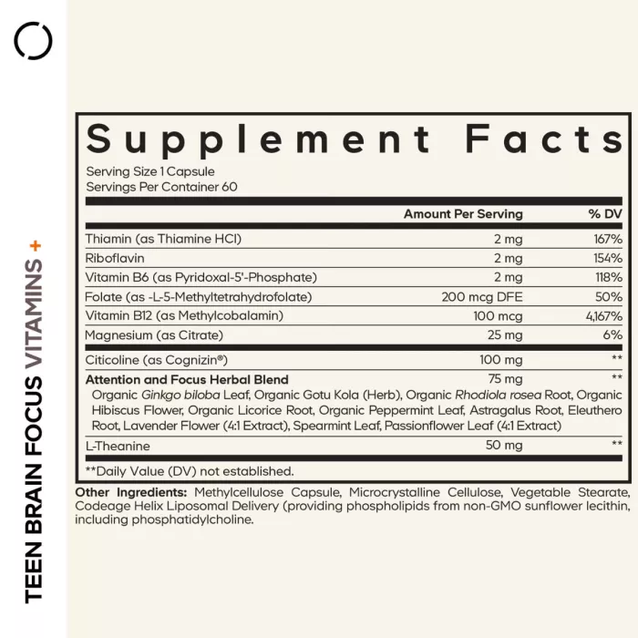 Codeage Teen Brain Focus Vitamins+, Concentrare Si Echilibru Mental Pentru Adolescenti, 60 Cps