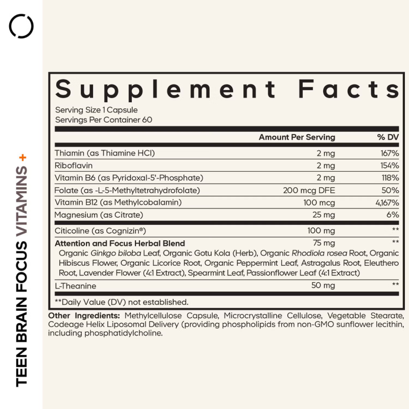 Codeage Teen Brain Focus Vitamins+, Concentrare Si Echilibru Mental Pentru Adolescenti, 60 Cps